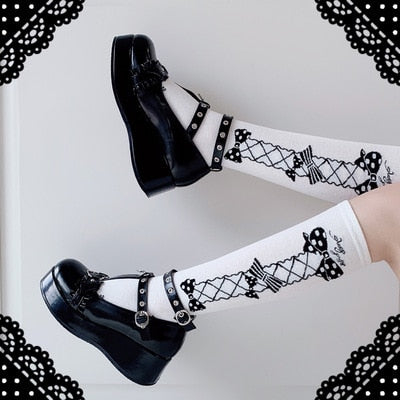 Women&s Gothic Punk Lolita Shoes Halloween Cosplay Bat Devil Platform Wedge T-strap Shoes