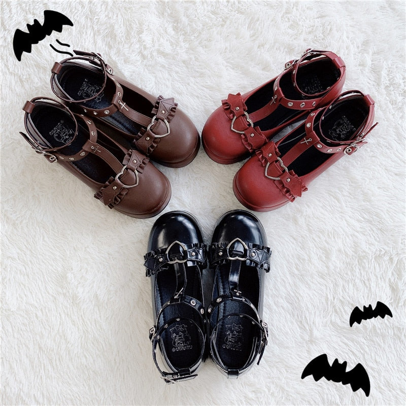 Women&s Gothic Punk Lolita Shoes Halloween Cosplay Bat Devil Platform Wedge T-strap Shoes