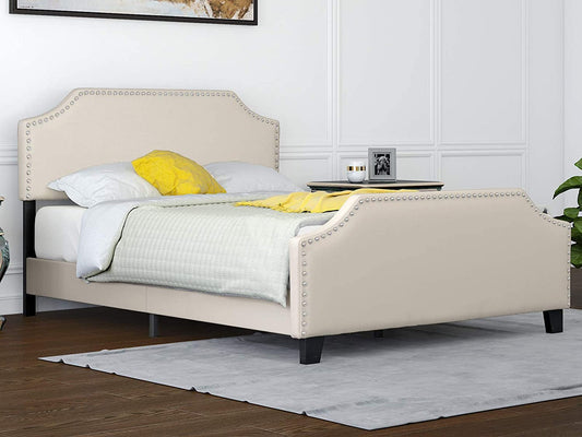 Full Upholstered Linen Platform Bed W/Curved Shape Headboard&amp;Footboard Metal Frame Strong Wood Slat Support Height Adjustable