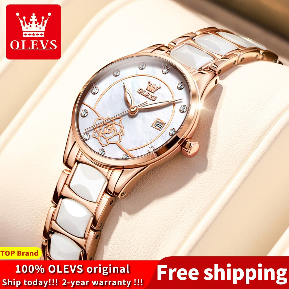 OLEVS Luxury Quartz Watch Women Japan Movement 28MM Dial Elegant Ceramics Wateproof Women Wristwatches Gift for Valentines Day