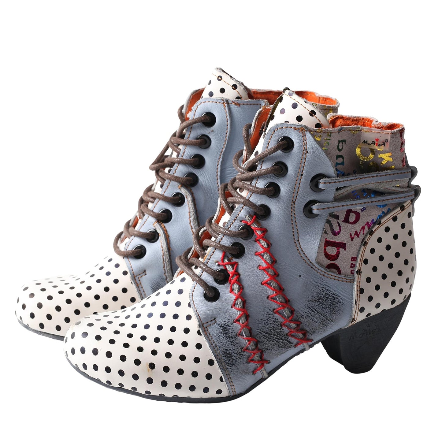 TMA EYES Polka Dot Leather Women Boots with Moccasin Hand Stitching