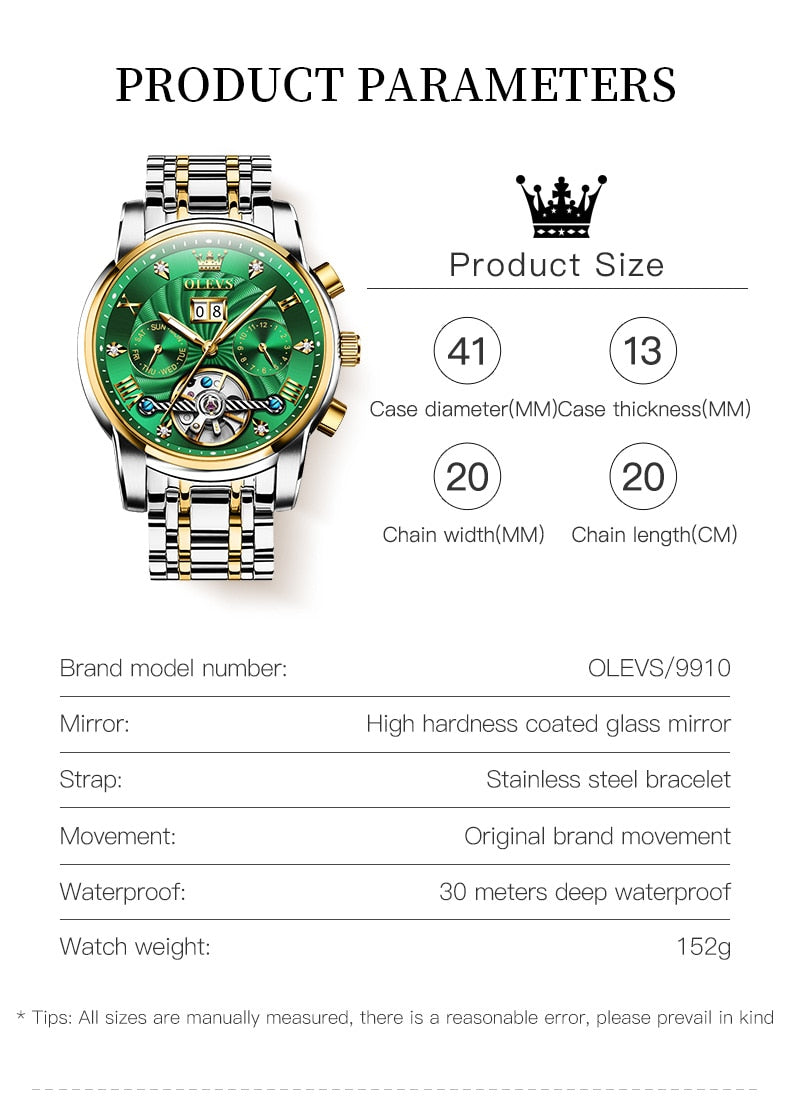 OLEVS Mens Watch Automatic Mechanical Tourbillon Slef-Wind Luxury Stainless Steel Waterproof Luminous Date Wrist Watch