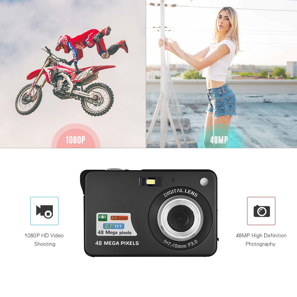 1080P 48MP Digital Camera Video Camcorder Anti-shake 8X Zoom 2.7 Inch LCD Screen Smile Capture Built-in Battery for Kids Teens