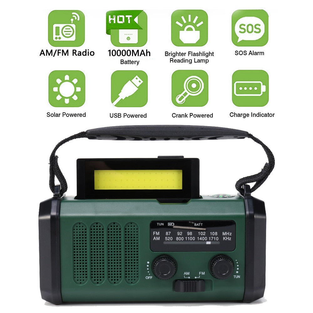 10000mAh Emergency Solar Power Radio Hand Crank Dynamo Wind Up Phone Charger Bank SOS AM/FM/NOAA Pocket Flashlight Radio