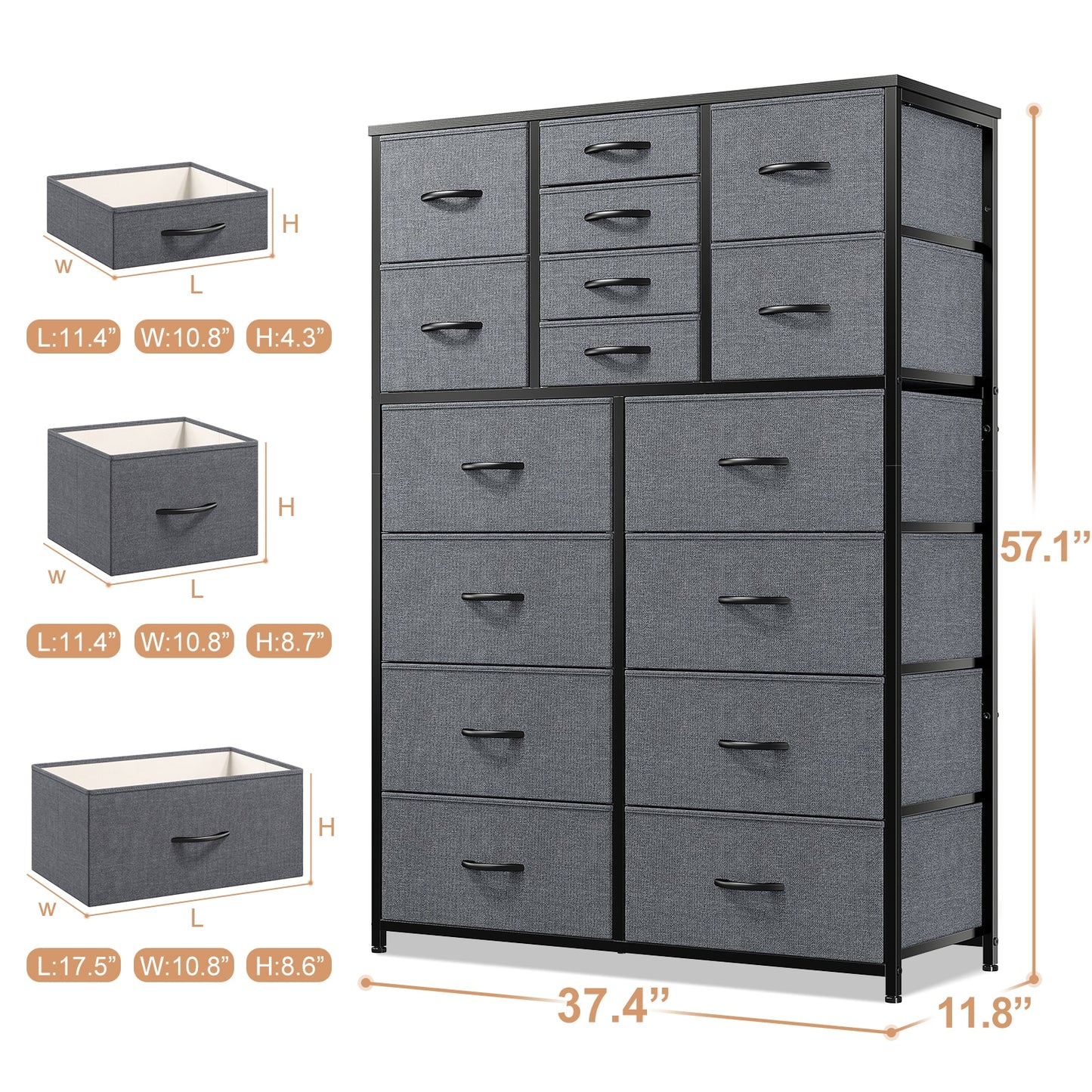 EnHomee Bedroom Dresser with 3 5 7 8 9 12 16 Fabric Drawers Chest Dresser Furniture Large Capacity Wooden Top Bedroom Closets