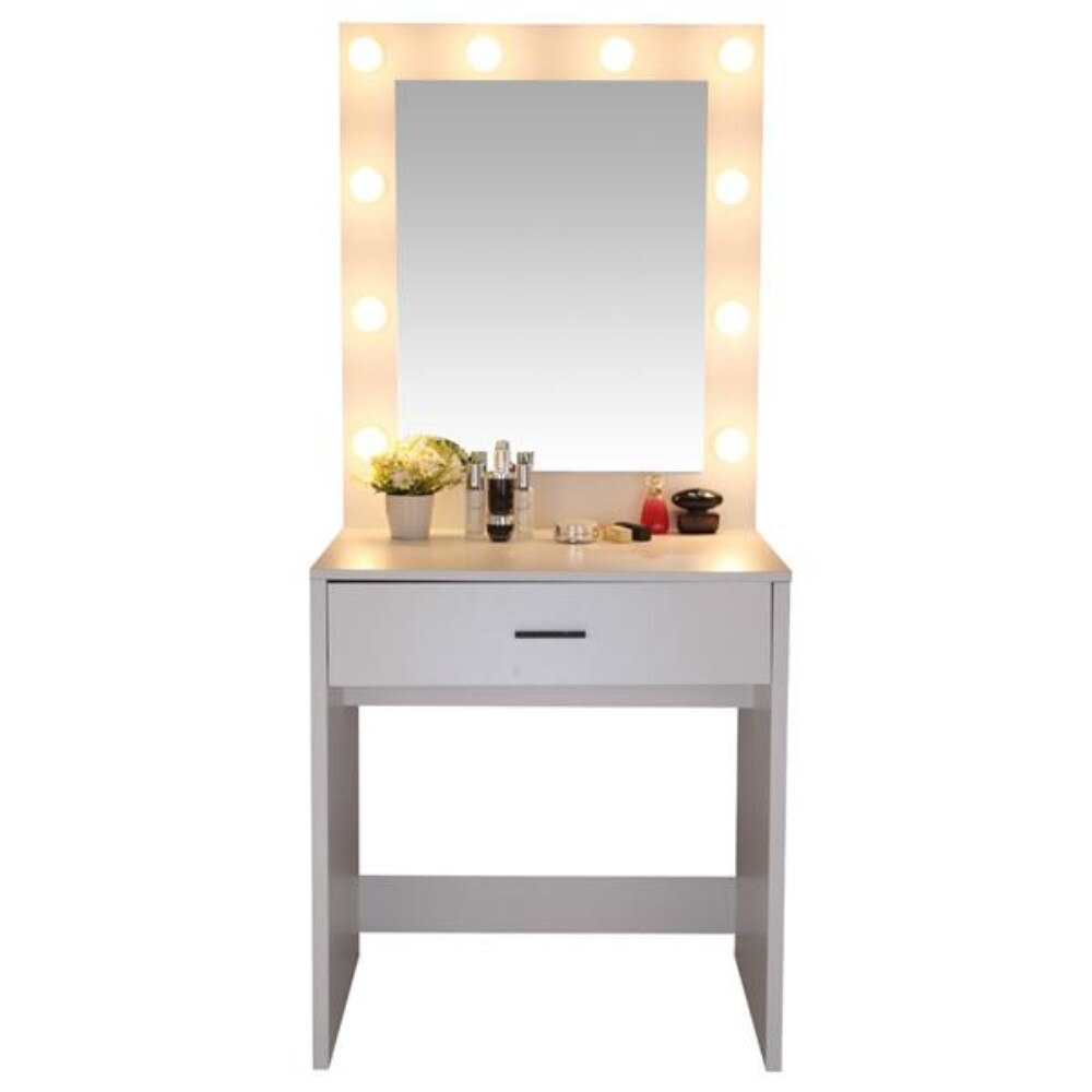 FCH Dresser With a Light Cannon Large Mirror Single Drawer And 10 Warm Light Bulbs Dressing Table White