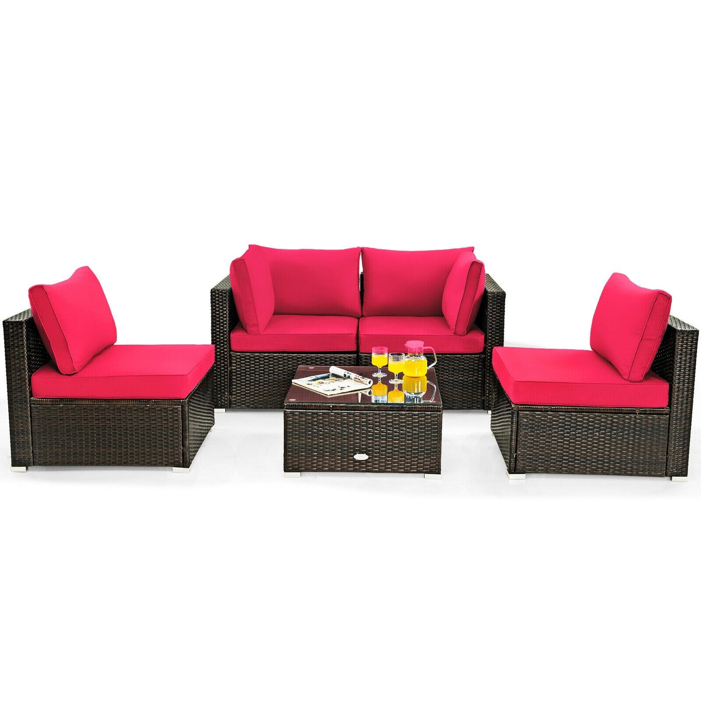 5PCS Patio Rattan Furniture Set Cushioned Sofa Chair Coffee Table