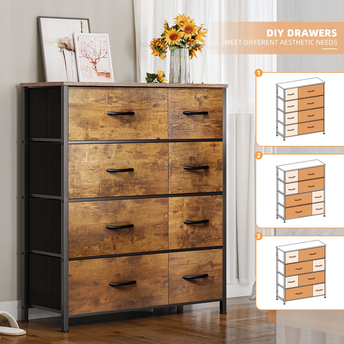 8 Drawer Dresser for Bedroom Fabric Dressers & Chest of Drawers with Wood Top Tall Dresser Near the Bed Storage Cabinet