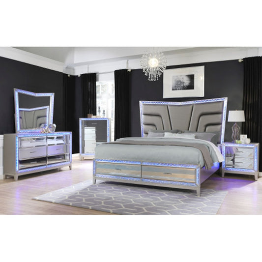 Bedroom Furniture Set Luxury 5 Pc Queen Bed Silver Nightstand  Dresser Chest Cabinet Cupboard Forcer  with Led