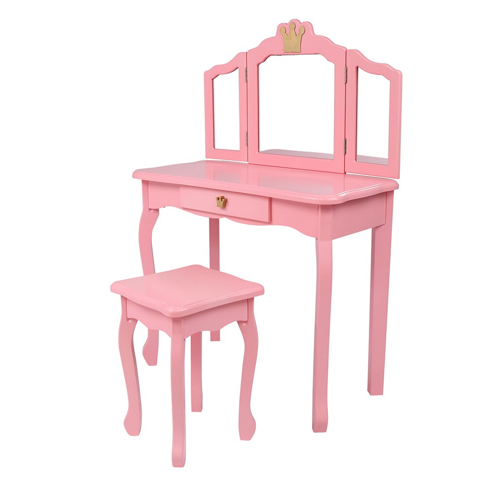 Childrens Wooden Dresser Three Sides Folding Mirror Dresser Chair Single Drawer Pink Crown For Bedroom Dressing Room