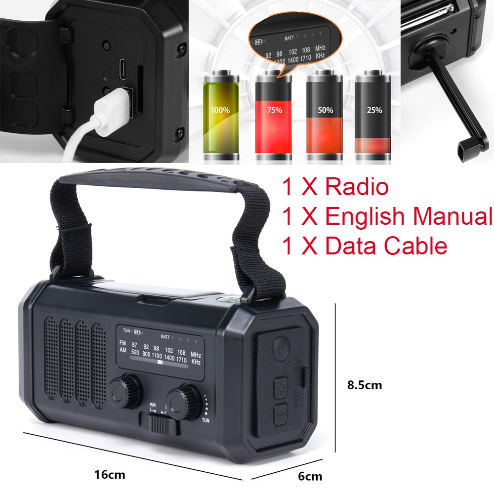 10000mAh Emergency Solar Power Radio Hand Crank Dynamo Wind Up Phone Charger Bank SOS AM/FM/NOAA Pocket Flashlight Radio