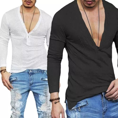 Fashion Mens Casual V-Neck Long Sleeve Shirts Slim Fit T-Shirt Tops Casual Tee