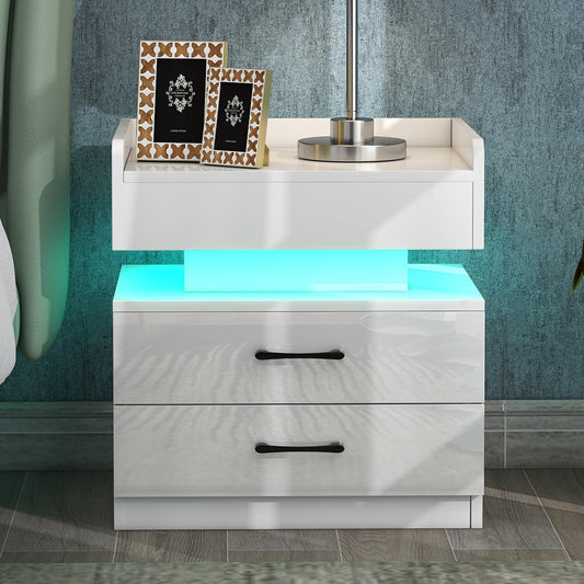 Auto LED Nightstand with Wireless Charging Station &amp; USB Ports,High Gloss Bedside Tables with 2 Drawers