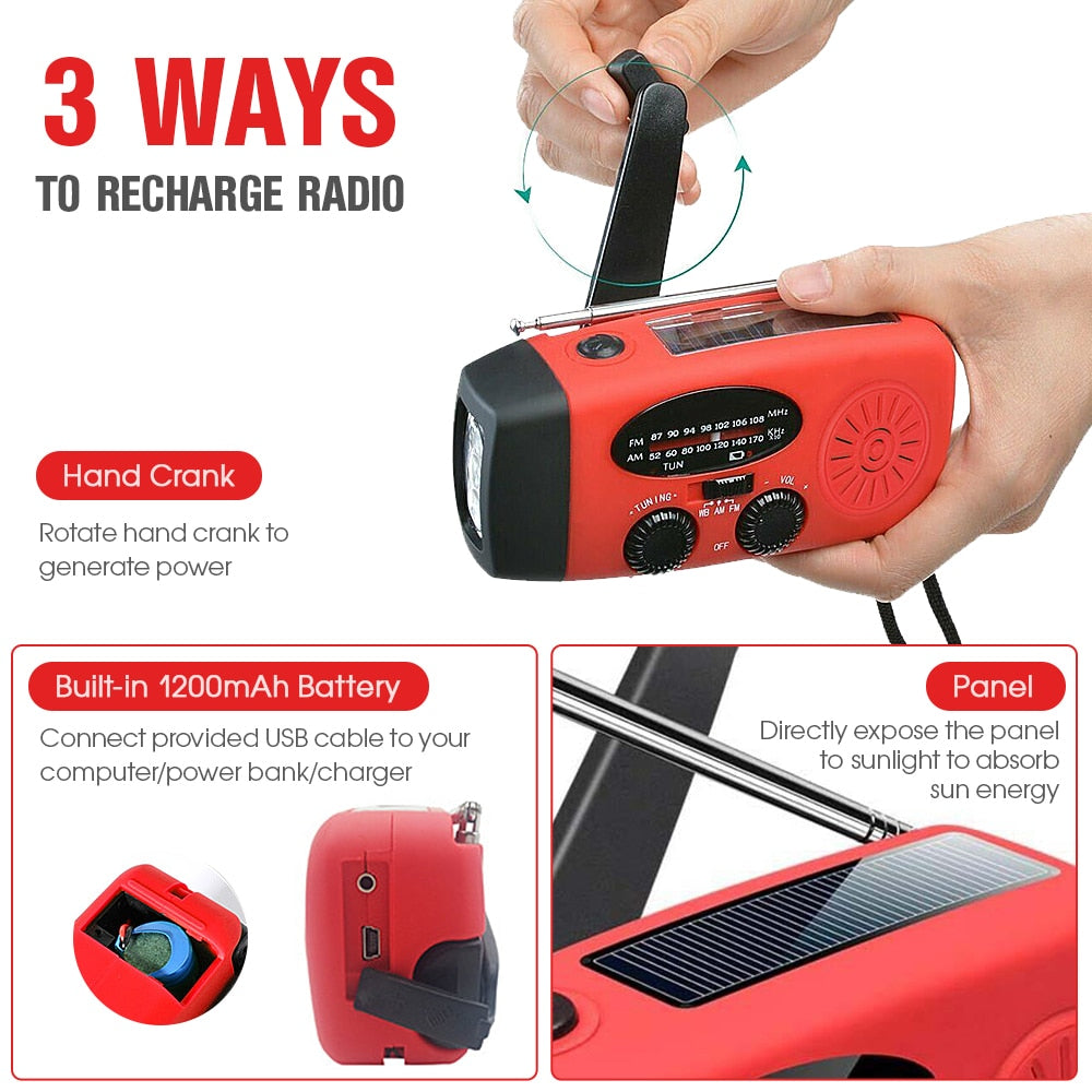 Emergency Radio Sun Powered Hand Crank FM/AM Weather Alert Radio &amp; LED Light Power Bank Function Survival Radio for camping