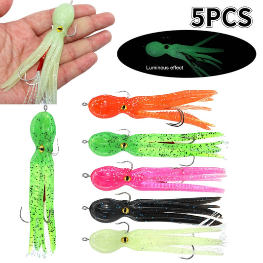 5pcs Octopus Swim Bait Soft Fishing Bait Skirt Tail Fishing Lure Saltwater Metal Jig Head Lure Rockfish Lingcod Bass Fishing