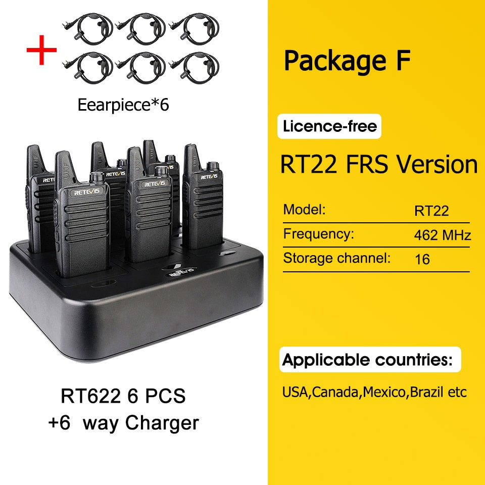 Mini Walkie Talkie 6 pcs Retevis RT622 PMR Walkie-talkies Professional PTT Two-way Radio FRS Two Way Radio RT22 Hotel Restaurant