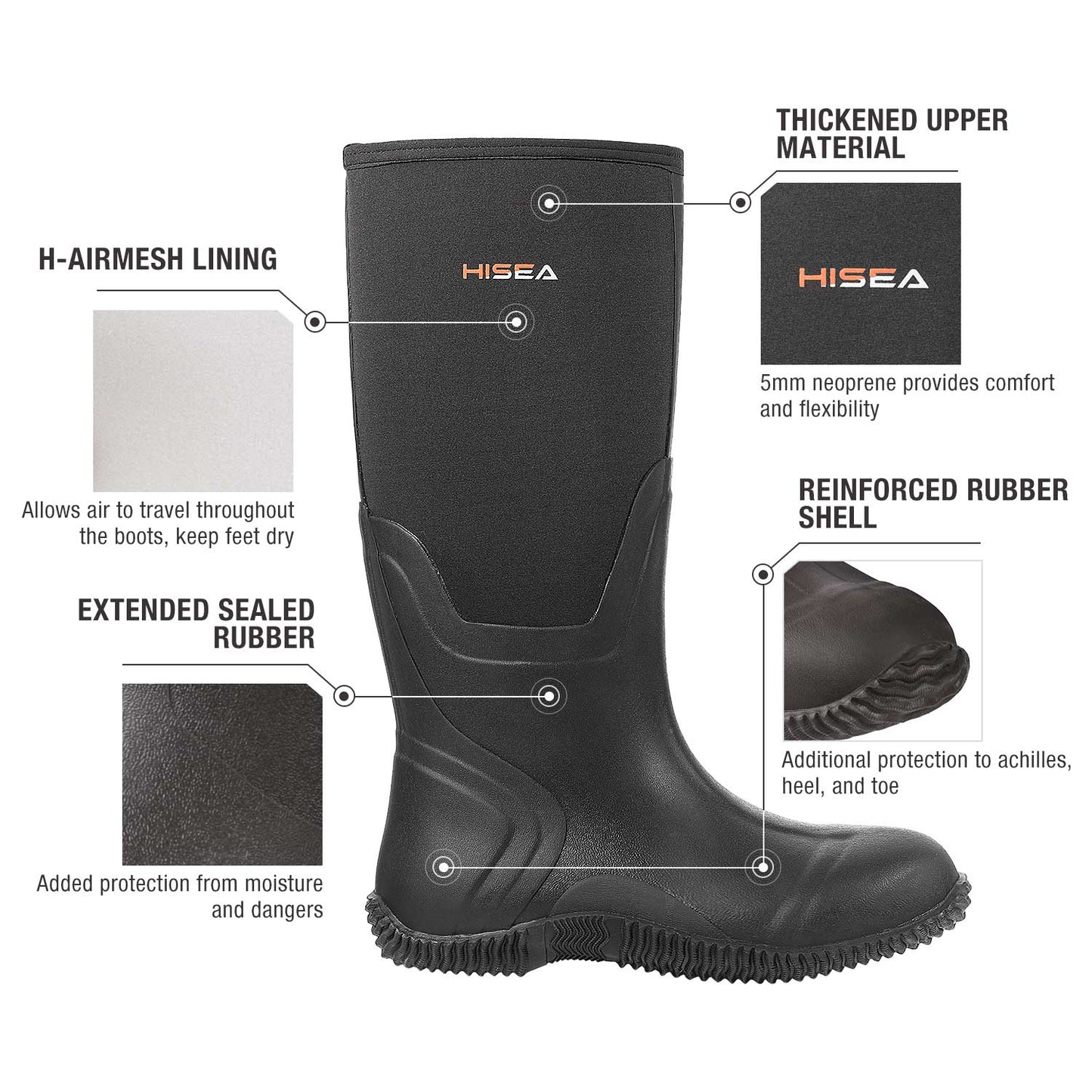 HISEA Mens Rain Boots Waterproof Durable Insulated Rubber Neoprene Outdoor Hunting Boots for Winter Snow Arctic