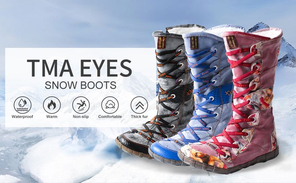 TMA EYES Winter Warmth Long Washed Contrast-Stitch Lace Side Zipper Womens Boots