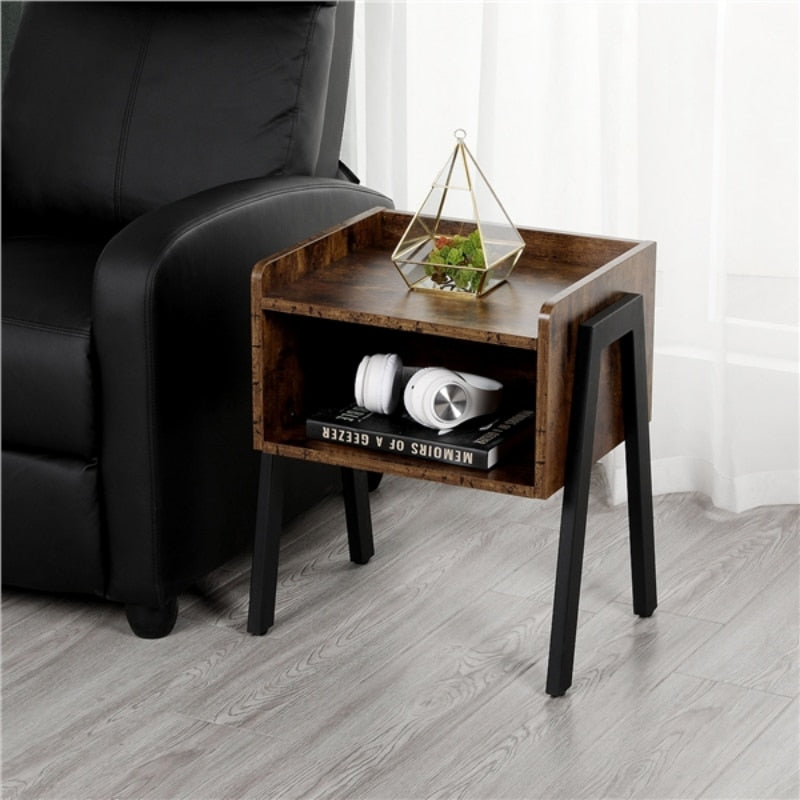 Industrial Wood End Table with Storage, Set of 2, Rustic Brown Finish