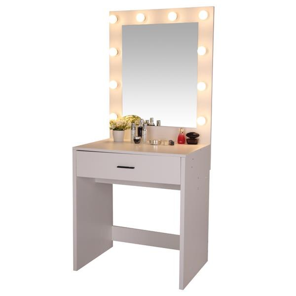 FCH Dresser With a Light Cannon Large Mirror Single Drawer And 10 Warm Light Bulbs Dressing Table White