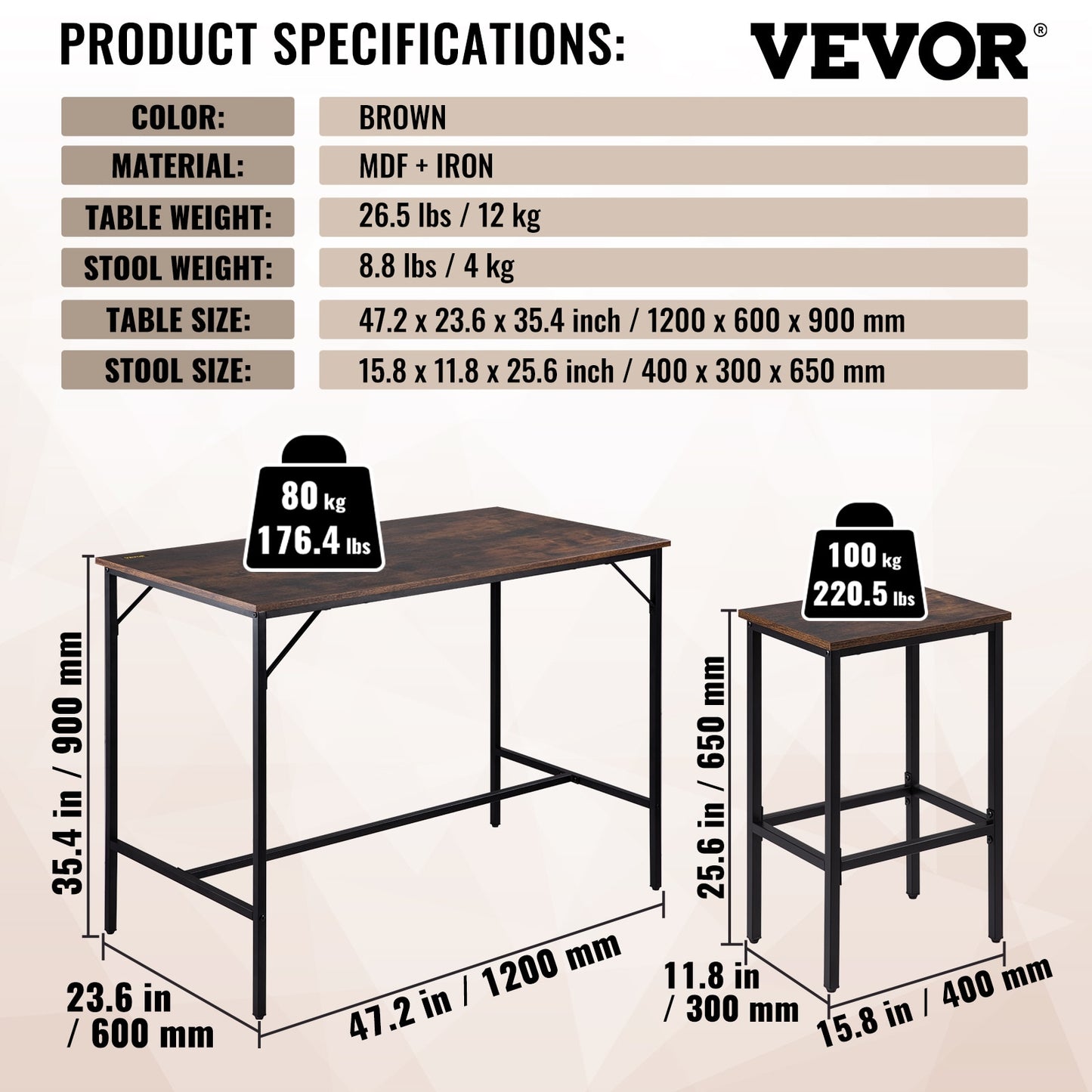 VEVOR Bar Table Set 3/5 Pieces Tall Table with 2/4 Round/Square Bar Stools for Home Kitchen Living Room Rustic Brown