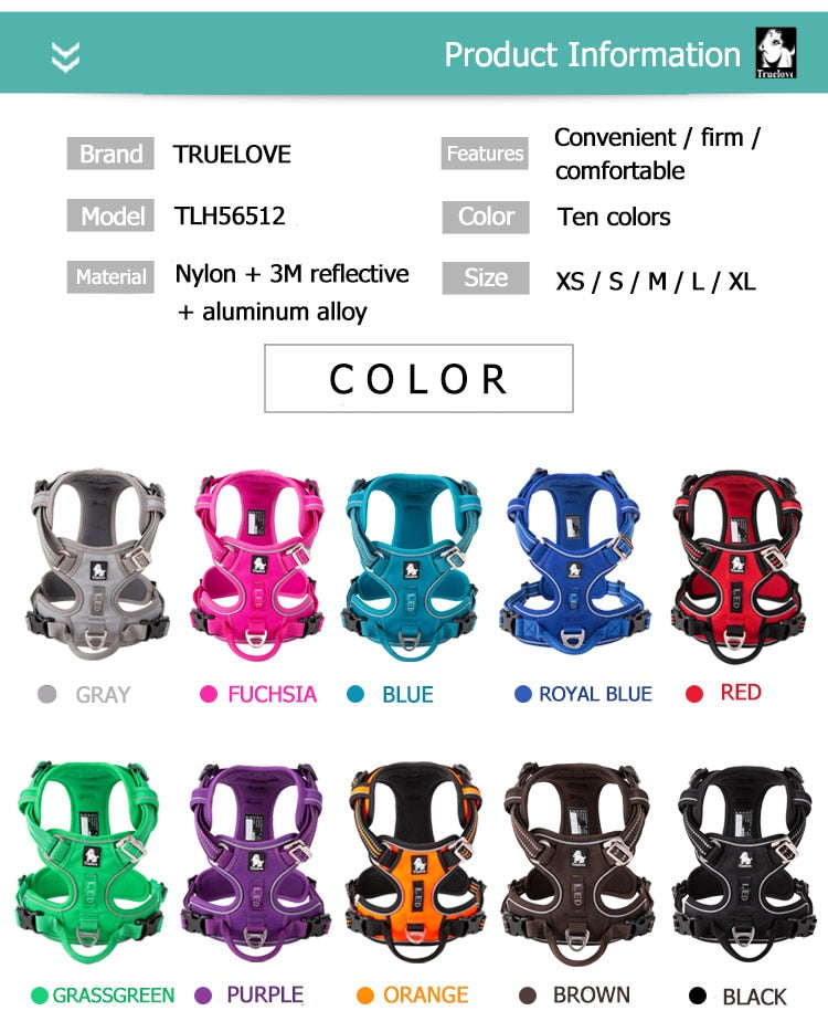 Truelove Pet Reflective Nylon Dog Harness  No Pull Vest Soft Adjustable Medium And Large Dog