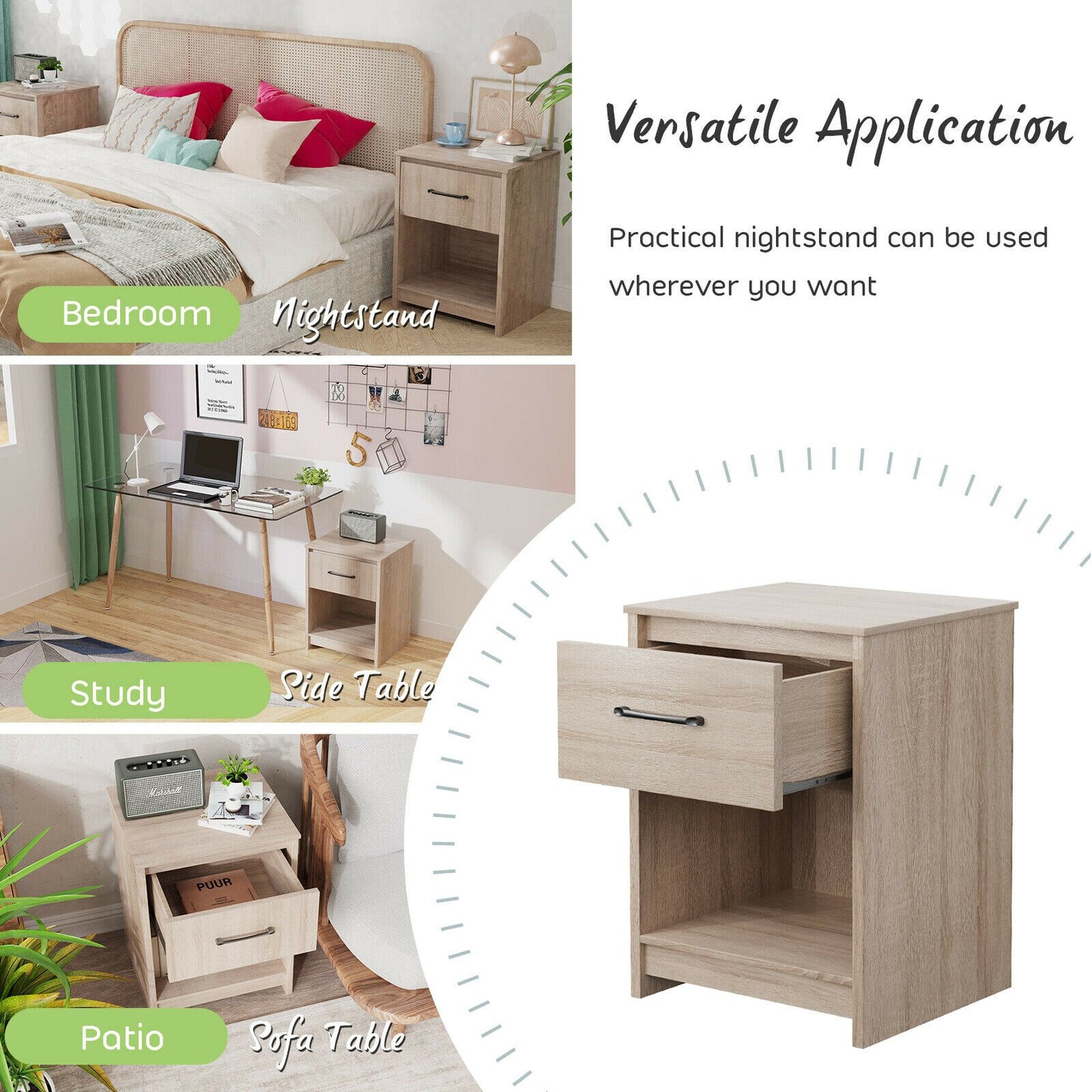 Nightstand with Drawer Storage Shelf Wooden End Side Table Bedroom Natural