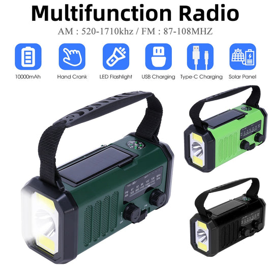 10000mAh Emergency Solar Power Radio Hand Crank Dynamo Wind Up Phone Charger Bank SOS AM/FM/NOAA Pocket Flashlight Radio