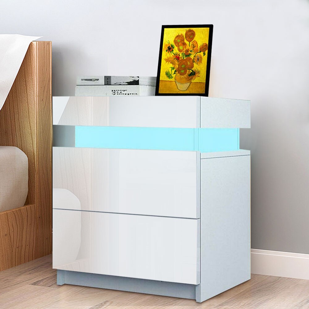 RGB LED Light Nightstand Bedside Table Cabinet With Drawer Home Bedroom Black High Gloss Finish Storage Organizer US Stock