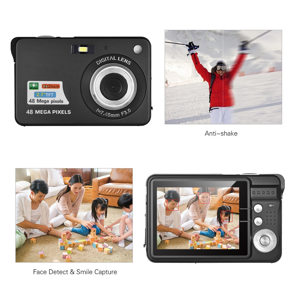 1080P 48MP Digital Camera Video Camcorder Anti-shake 8X Zoom 2.7 Inch LCD Screen Smile Capture Built-in Battery for Kids Teens