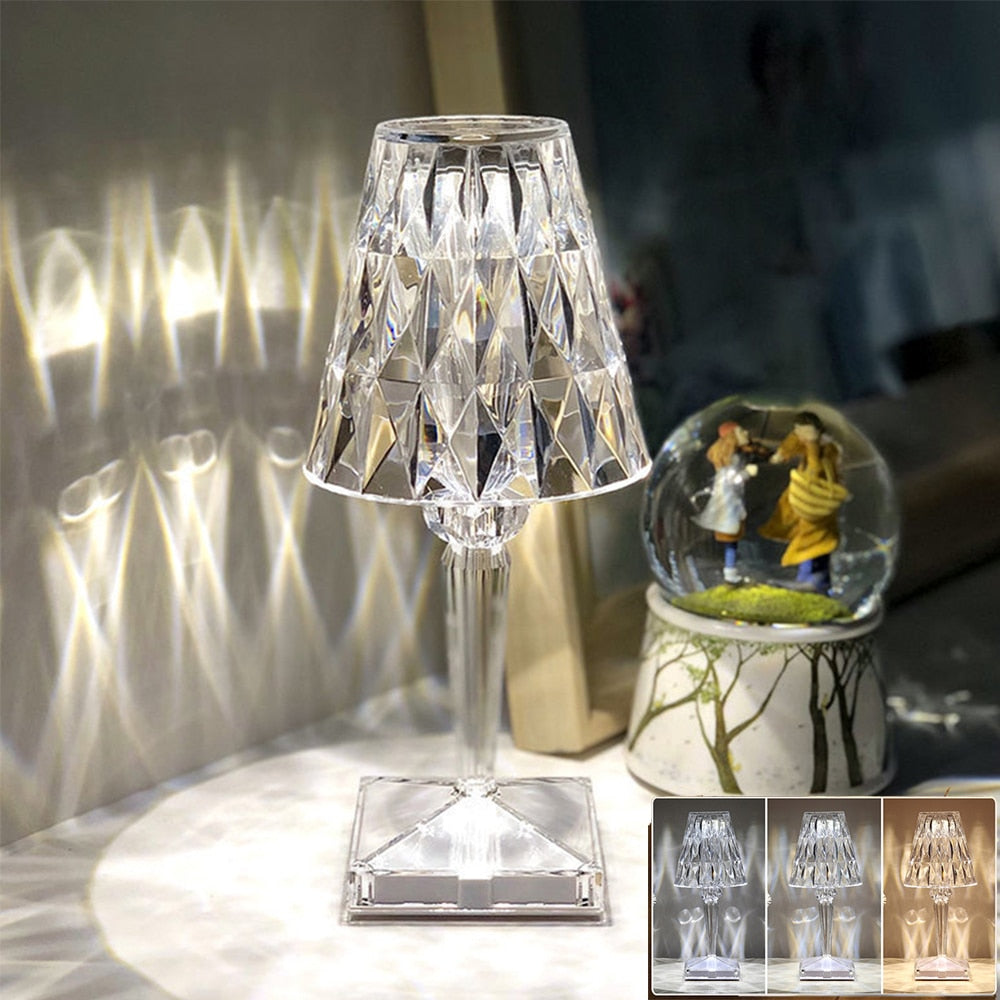 USB Rechargeable Diamond Table Lamp Touch Control Dimmable Crystal Rose Night Light For Bedroom Bedside Bar Acrylic Decoration