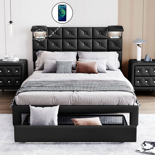 Queen PU Platform Bed Upholstered Storage Bed with 2 Wireless Charger&Motion Activated Night Light&1 Big Drawer Black/White/Gray