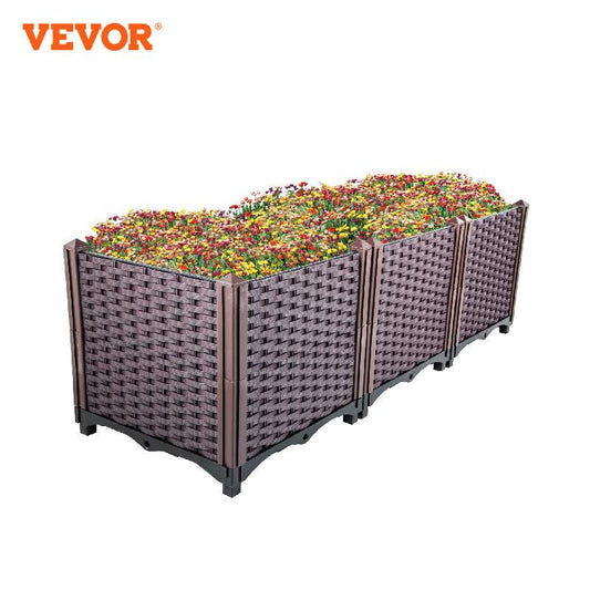 VEVOR Plastic Raised Garden Beds In/Outdoor 20.5 H/14.5 H Flower Box Kit Brown Rattan Style Grow Planter Care Box Set of 3/4