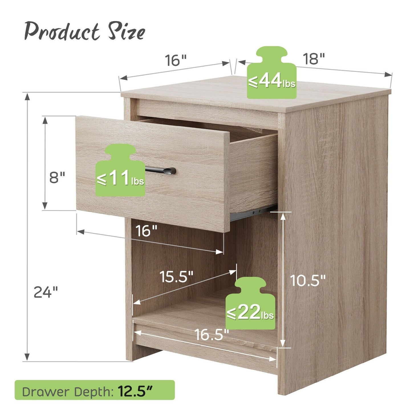 Nightstand with Drawer Storage Shelf Wooden End Side Table Bedroom Natural