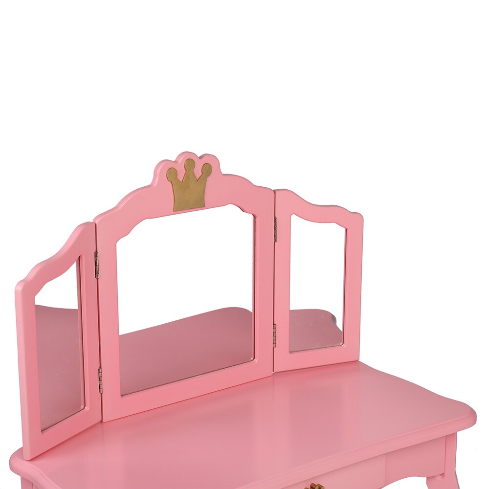 Childrens Wooden Dresser Three Sides Folding Mirror Dresser Chair Single Drawer Pink Crown For Bedroom Dressing Room