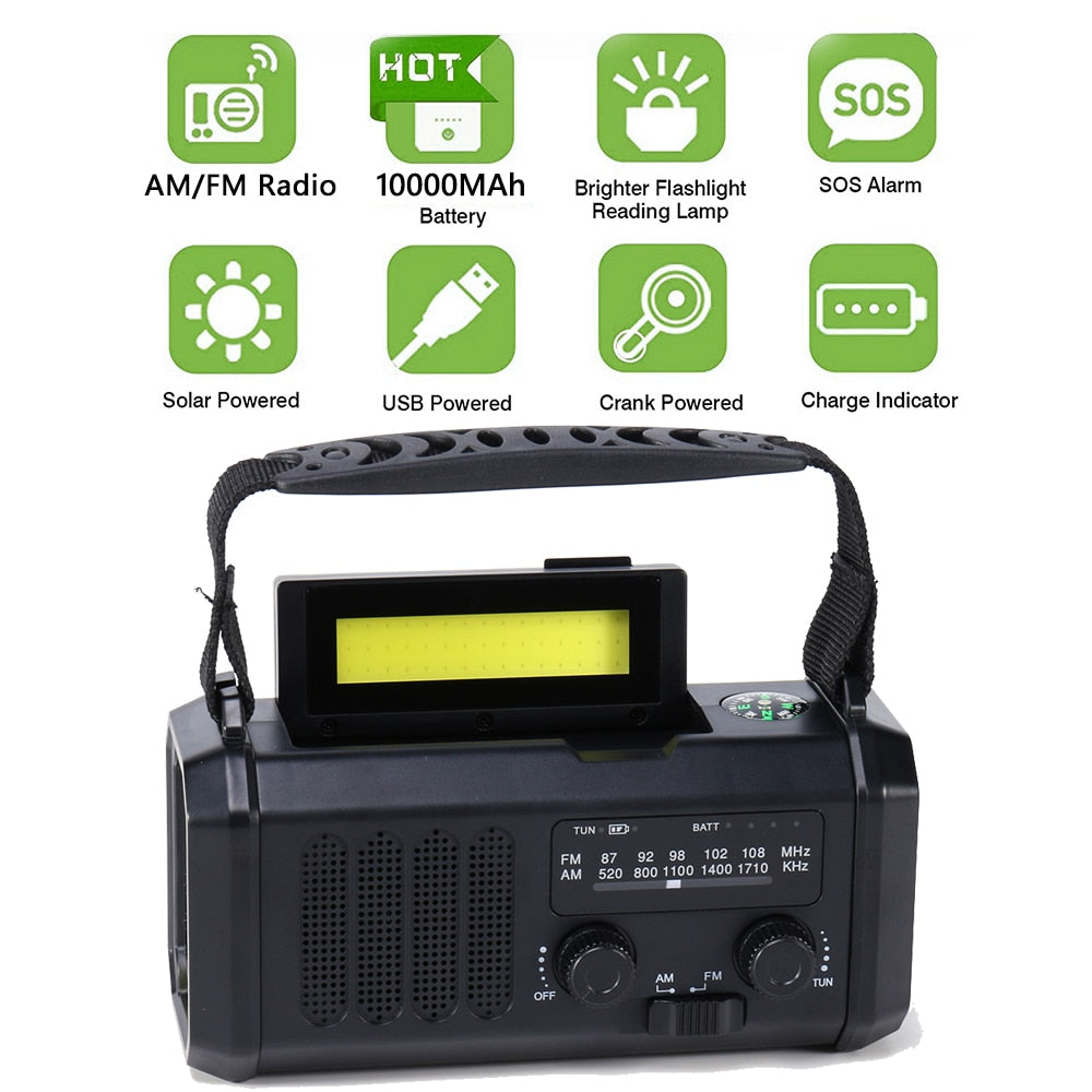 10000mAh Emergency Solar Power Radio Hand Crank Dynamo Wind Up Phone Charger Bank SOS AM/FM/NOAA Pocket Flashlight Radio