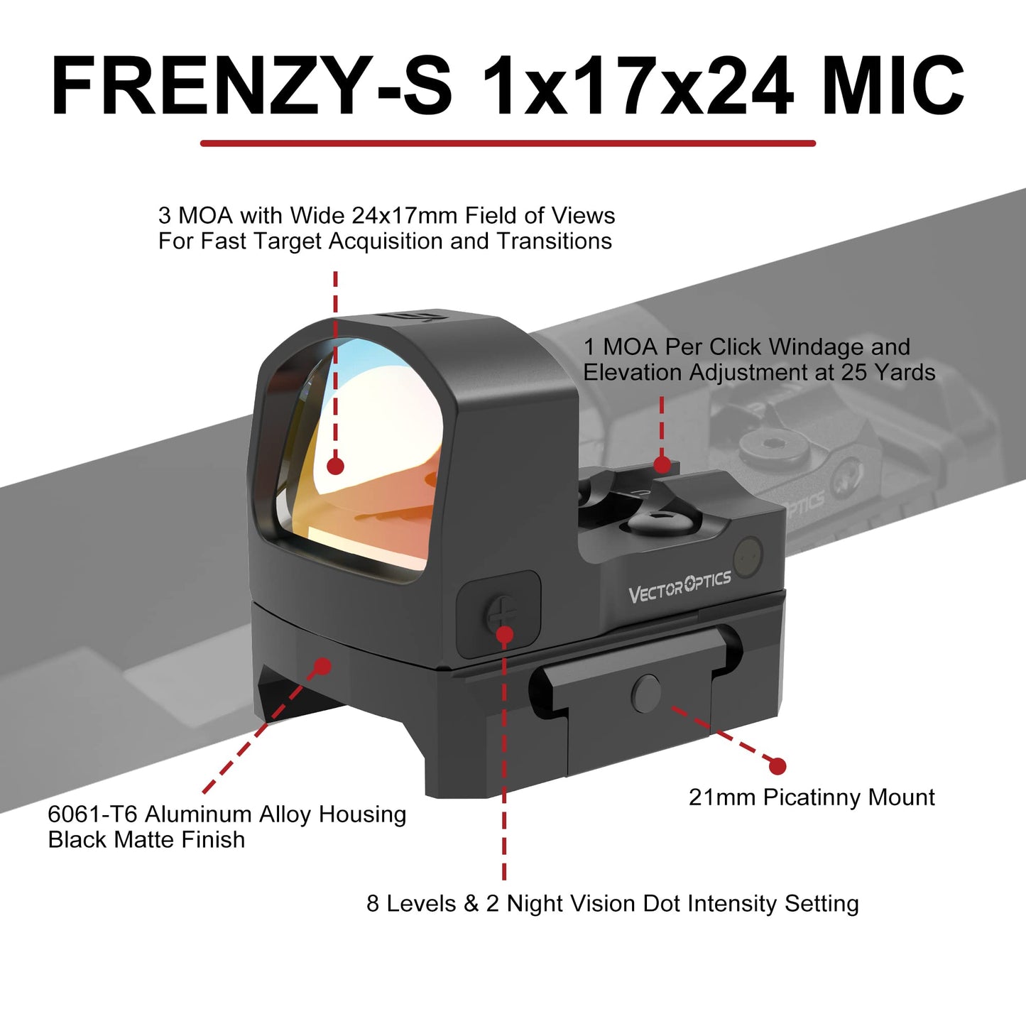 Vector Optics Frenzy-S 1x17x24 MOS 3MOA Red Dot Lightest Full Metal Pistol Handgun Rifle Scope Sight Lifetime Warranty 9MM .223