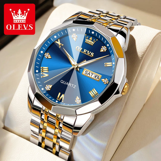 OLEVS Mens Watches Rhombus Mirror Original Quartz Watch for Man Waterproof Luminous Stainless Steel Wristwatch