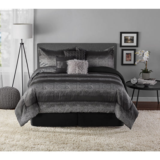 7-Piece Metallic Stripe Jacquard Comforter Set, Black and Silver, Full/Queen Bedding Set