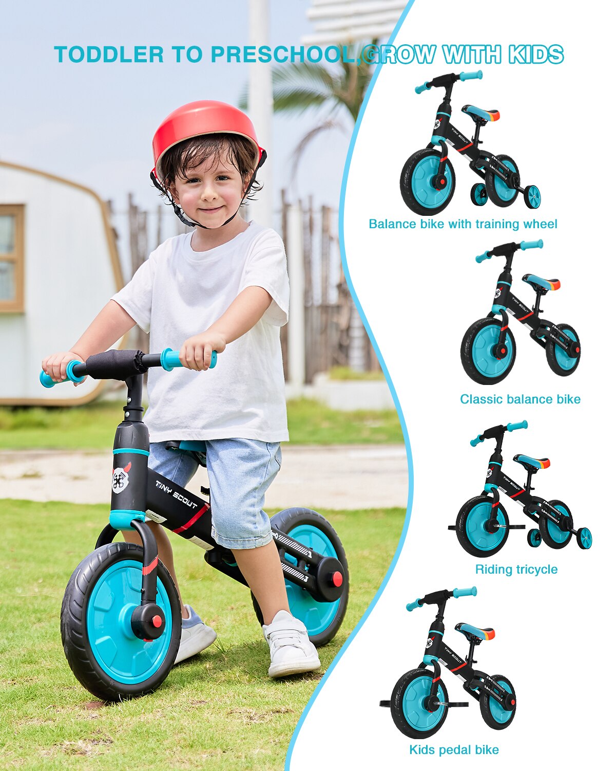 UBRAVOO Tiny Scout Balance Bike 3 4 5 Years , 4-in-1 with Optional Support Wheels and Pedals, Saddle Height Adjustable