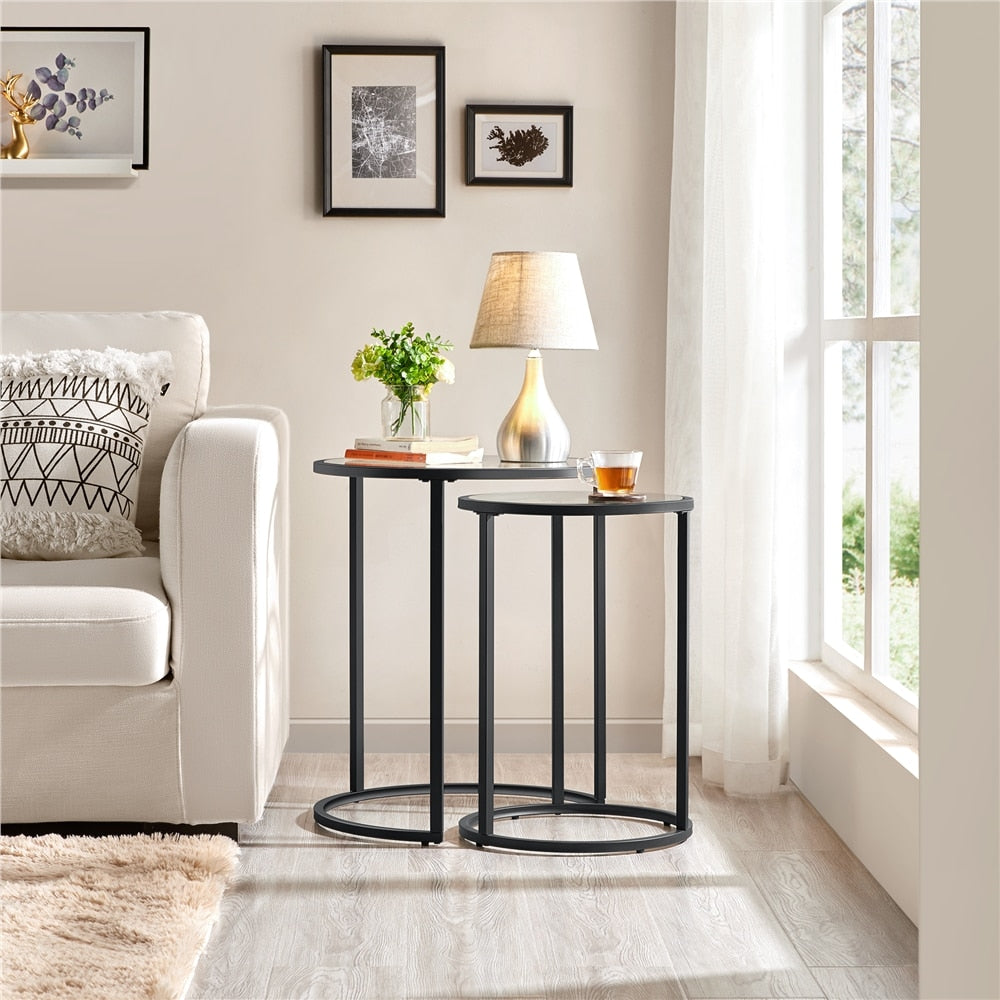 Round Metal Nesting End Table Set of 2 with Glass Top for Living Room