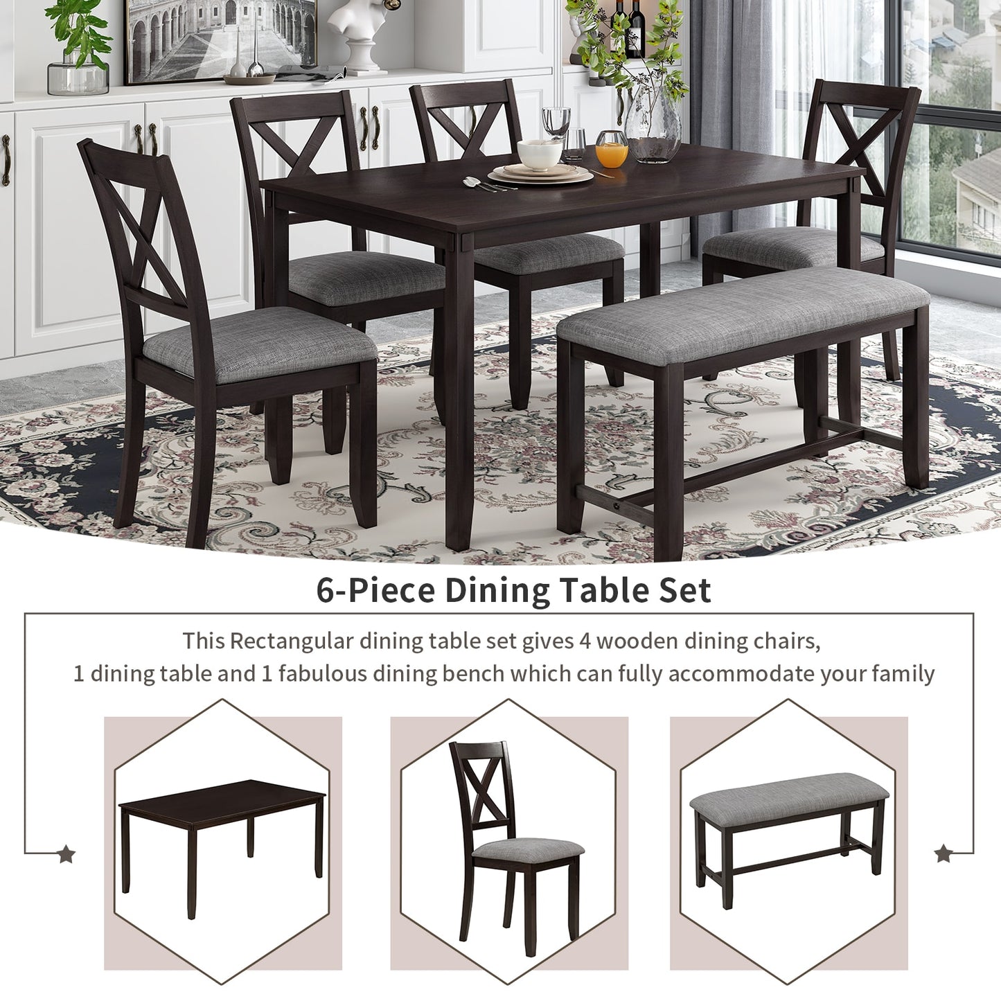 Kitchen Dining Set 6-Piece Black 4 Dining Chairs And Bench Home Family Furniture For 6 People Wooden Rectangular Dining Table