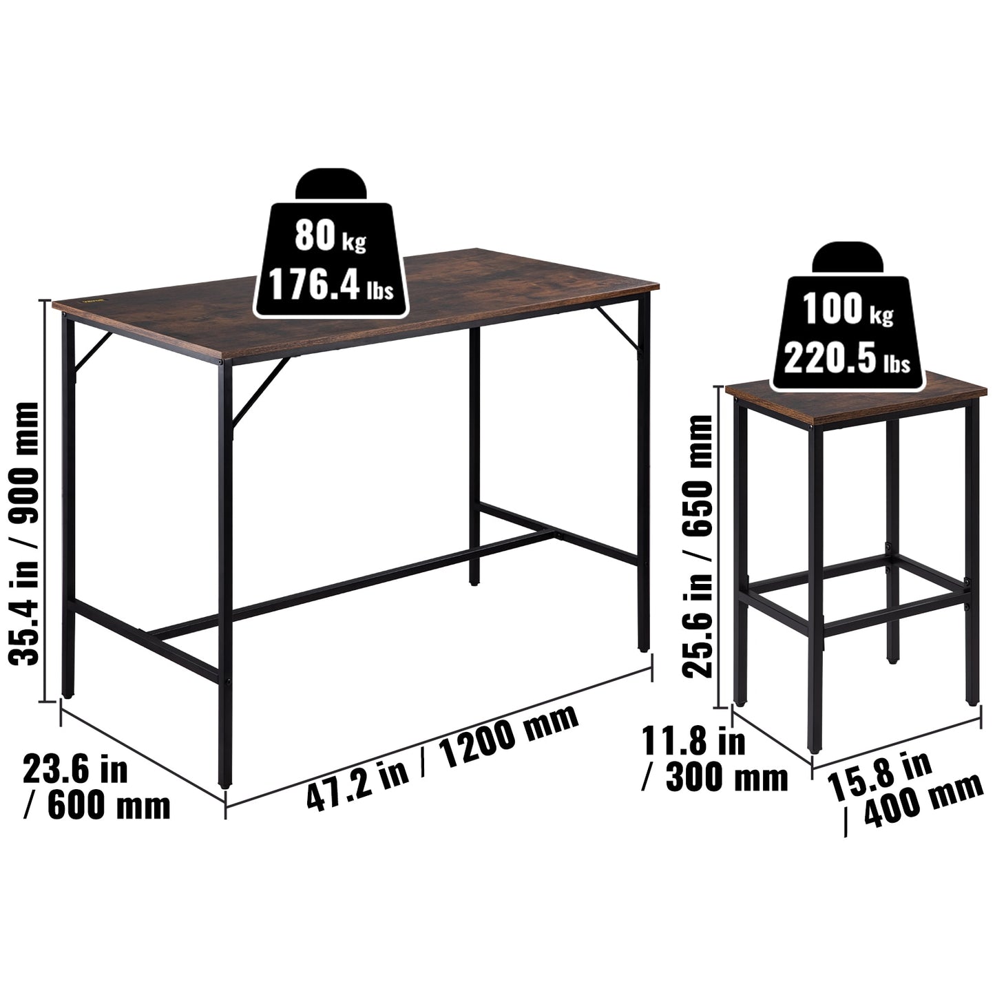 VEVOR Bar Table Set 3/5 Pieces Tall Table with 2/4 Round/Square Bar Stools for Home Kitchen Living Room Rustic Brown