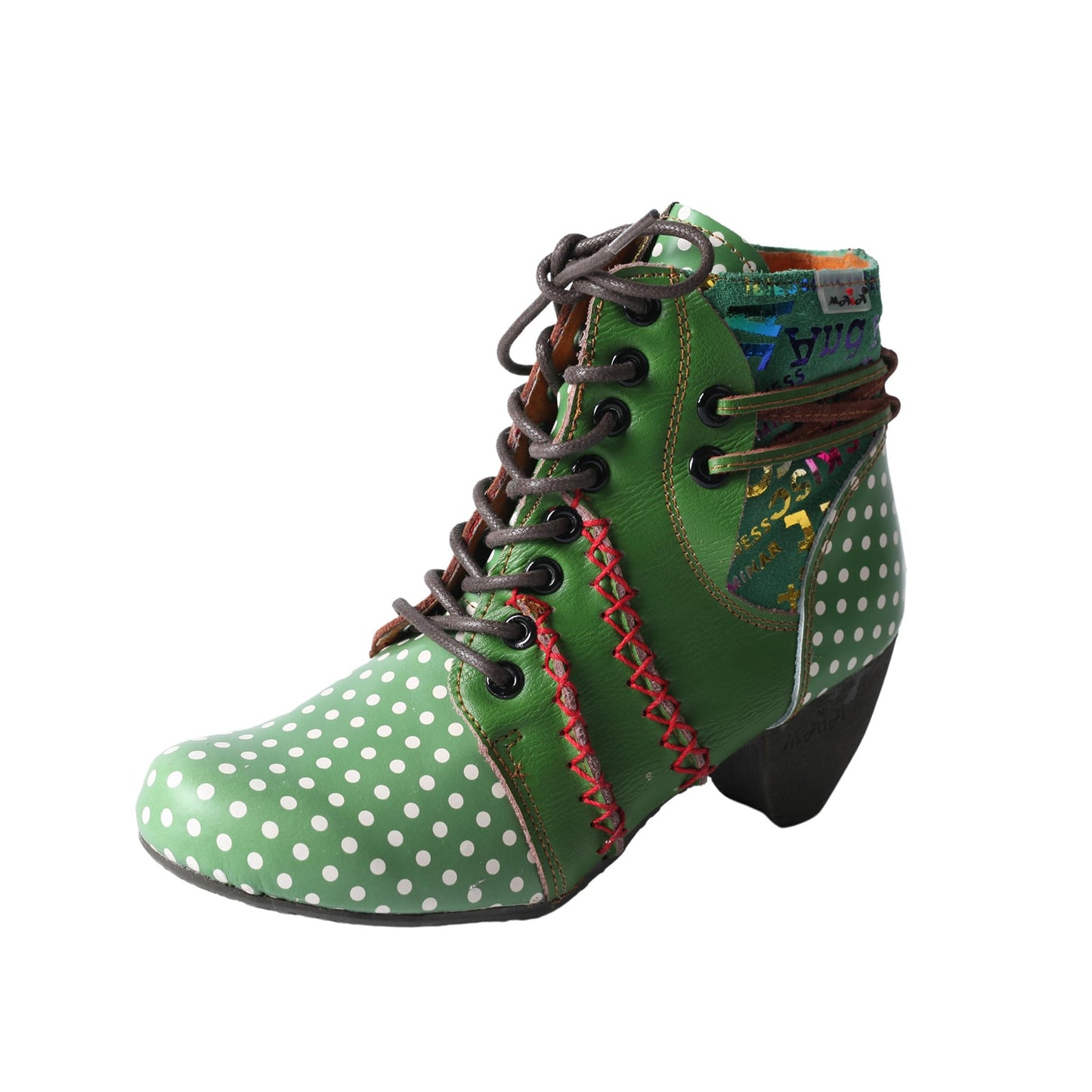 TMA EYES Polka Dot Leather Women Boots with Moccasin Hand Stitching