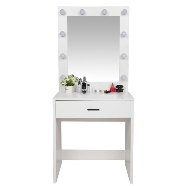 FCH Dresser With a Light Cannon Large Mirror Single Drawer And 10 Warm Light Bulbs Dressing Table White