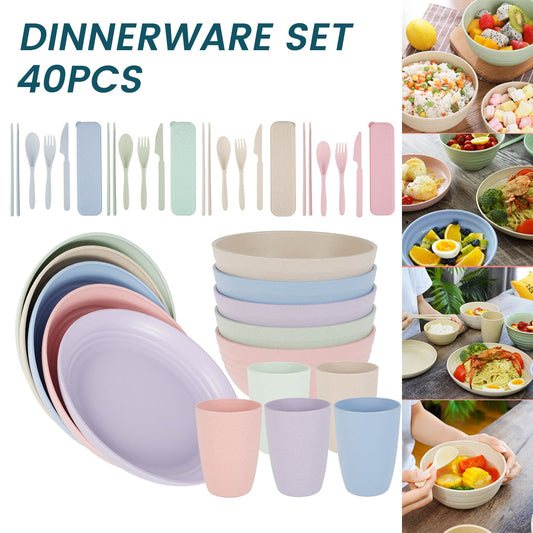 40Pcs Wheat Straw Dinner Sets Portable Tableware Set Detachable Cutlery Travel Tableware Picnic Dinnerware Camping Cutlery Set