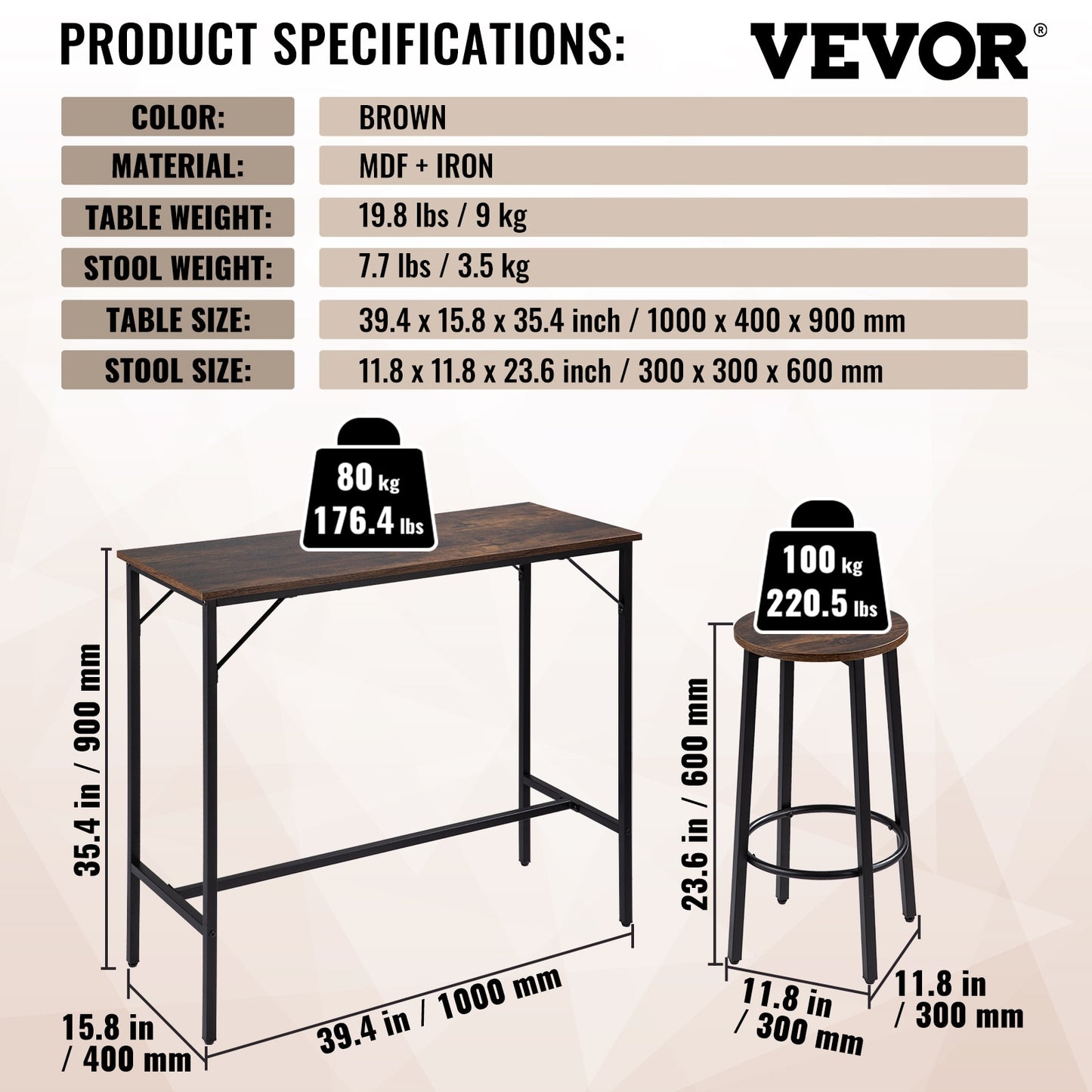 VEVOR Bar Table Set 3/5 Pieces Tall Table with 2/4 Round/Square Bar Stools for Home Kitchen Living Room Rustic Brown