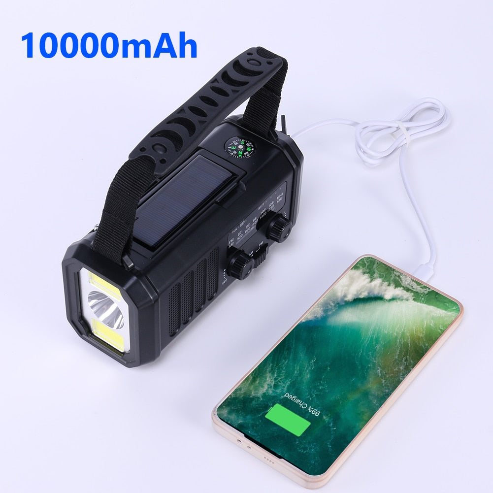 10000mAh Emergency Solar Power Radio Hand Crank Dynamo Wind Up Phone Charger Bank SOS AM/FM/NOAA Pocket Flashlight Radio