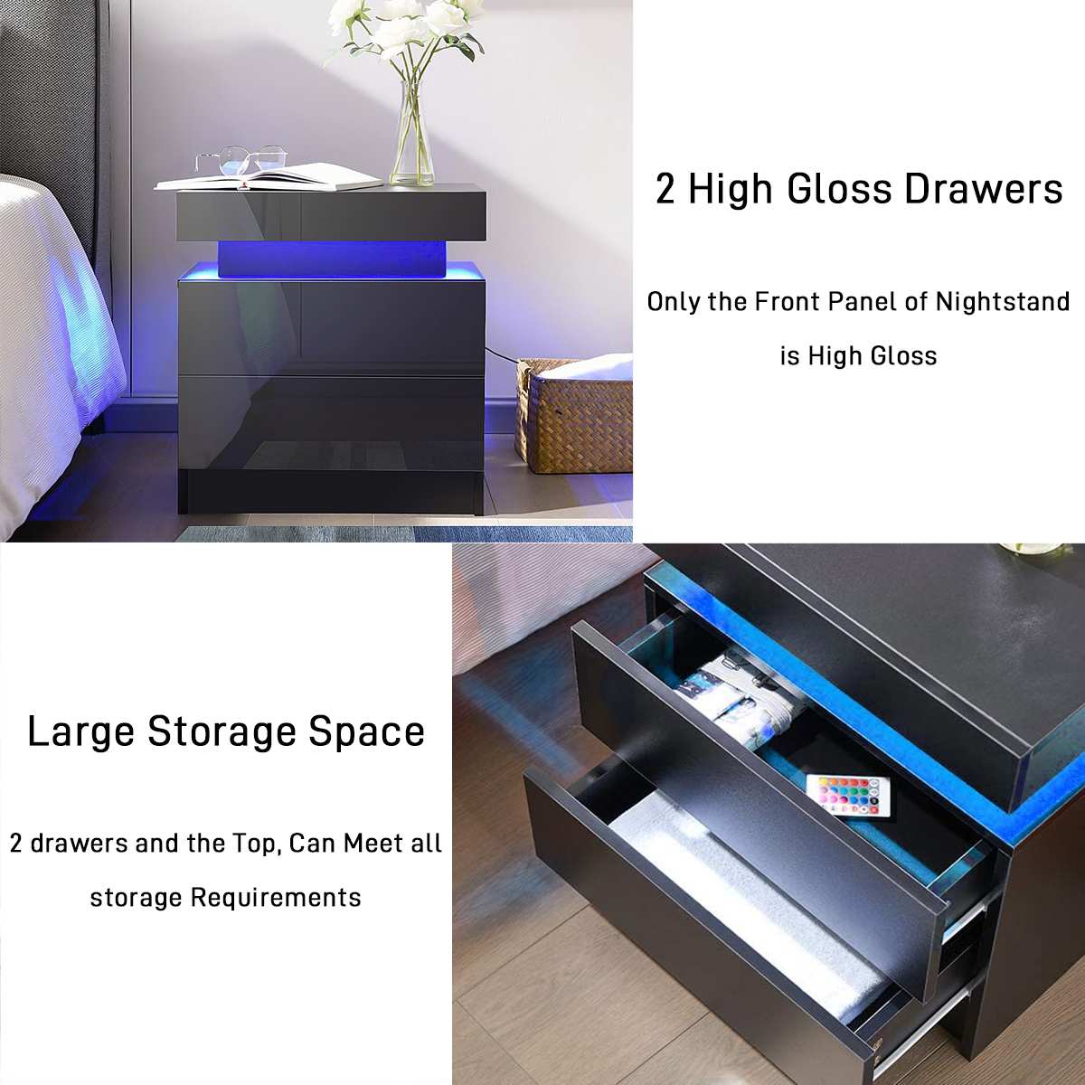 RGB LED Light Nightstand Bedside Table Cabinet With Drawer Home Bedroom Black High Gloss Finish Storage Organizer US Stock