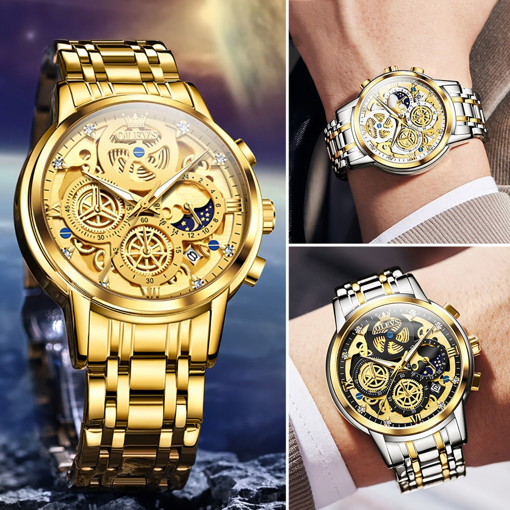 OLEVS Mens Watches Top Brand Luxury Original Waterproof Quartz Watch for Man Gold Skeleton Style 24 Hour Day Night New